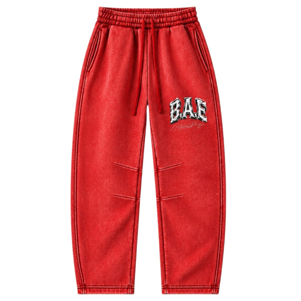 Red Front view : of B.A.E. vintage wash streetwear sweatpants unisex barrel-leg fleece joggers in multiple colorways, including red, black, gray, navy blue, green, peach, pink, baby pink, light blue, and yellow, with signature B.A.E. logo detail.