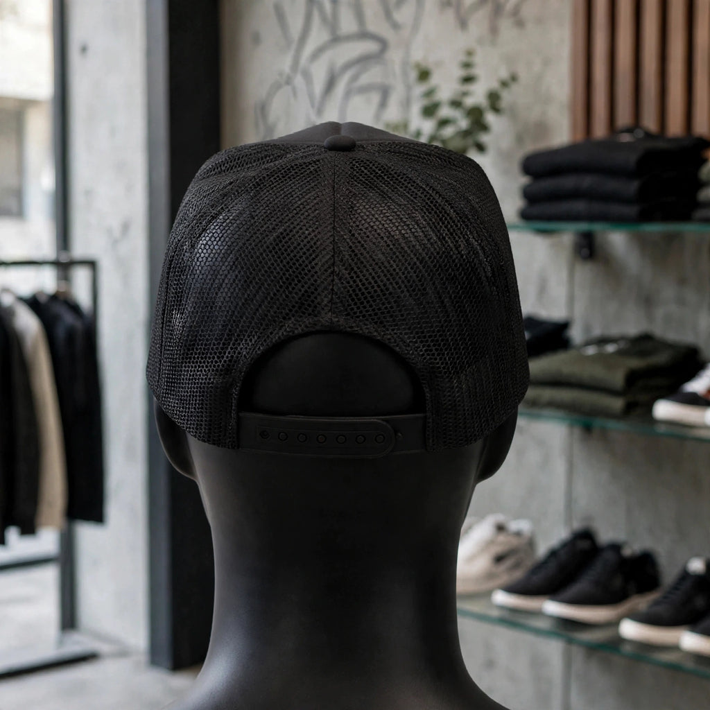 Back view of: NFEO OVERRATED black streetwear set featuring oversized boxy crop drop shoulder tee and premium foam trucker mesh snapback hat, bold entrepreneur fashion for men who put finances before pleasure