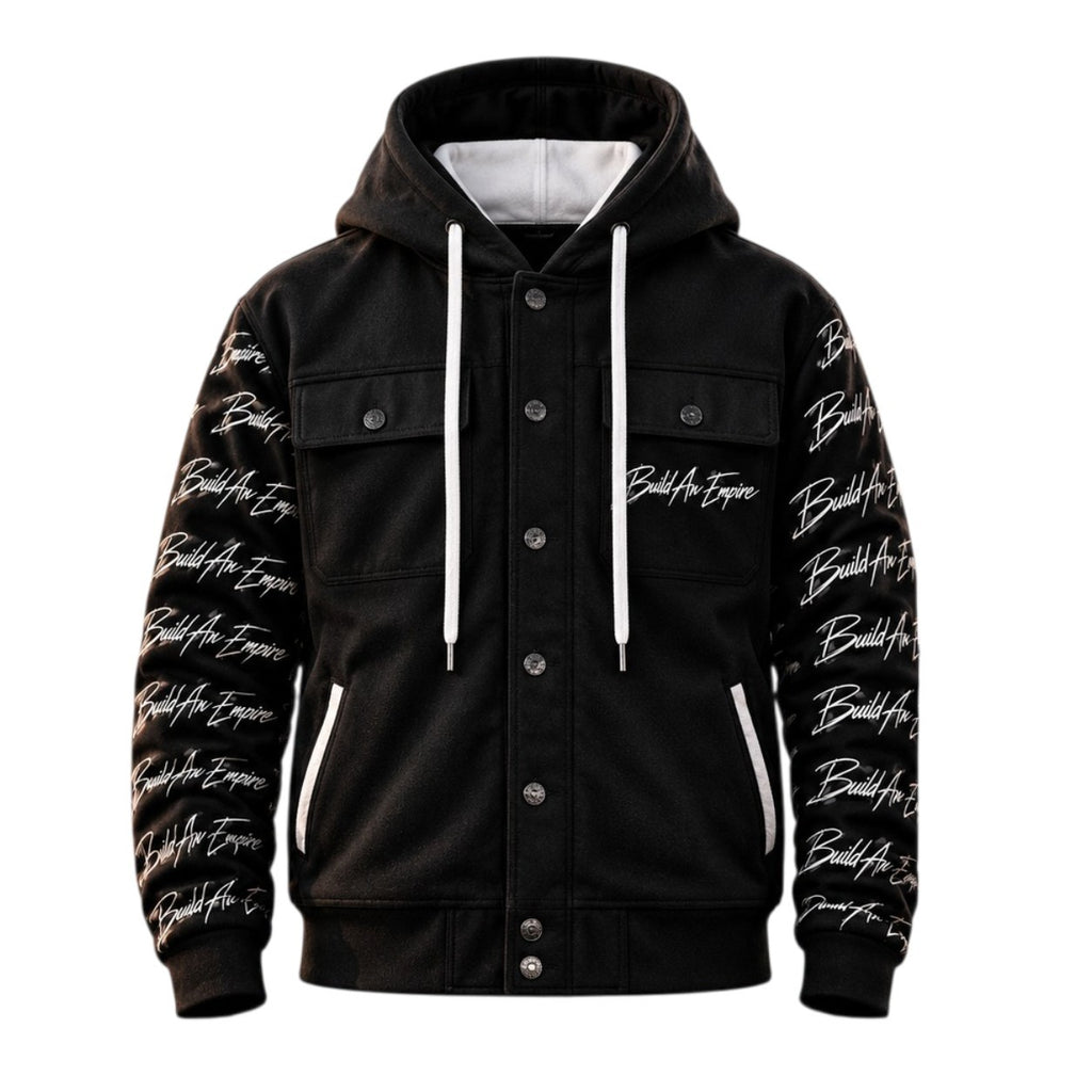 B.A.E. Hooded Jacket — Front View
B.A.E. Build An Empire black hooded streetwear jacket front view with white signature script sleeves, oversized hood, white drawstrings, snap-button closure, chest pockets and side pockets on a clean white background.