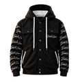 B.A.E. Hooded Jacket — Front View
B.A.E. Build An Empire black hooded streetwear jacket front view with white signature script sleeves, oversized hood, white drawstrings, snap-button closure, chest pockets and side pockets on a clean white background.