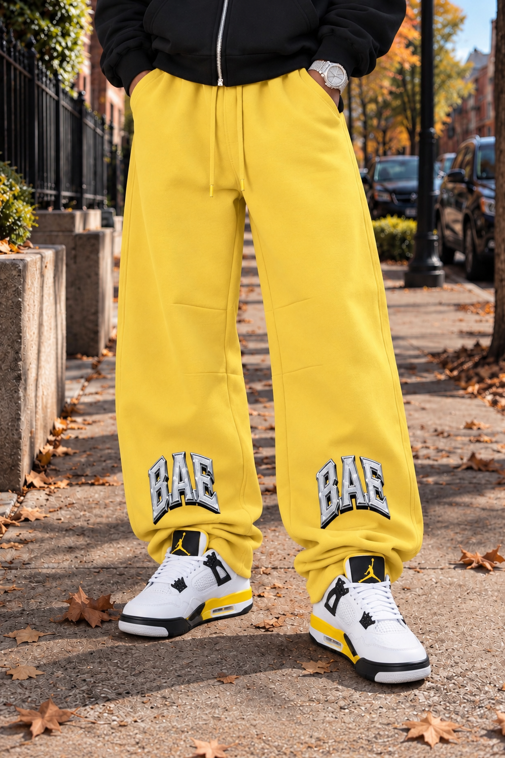 Yellow
B.A.E. Build An Empire yellow sweatpants featuring bold BAE graphic lettering, heavyweight fleece streetwear design, relaxed wide-leg fit, and drawstring waist. Entrepreneur streetwear pants for men and women.