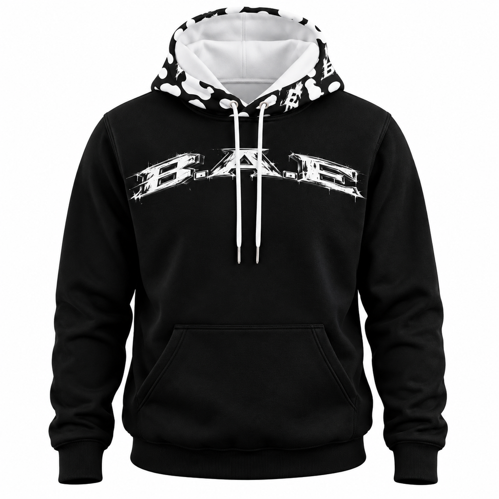 Black B.A.E. hoodie for men and women featuring a white B.A.E. brushstroke chest graphic, black-and-white cow-print hood, white drawstrings, kangaroo pocket and ribbed cuffs, designed for entrepreneur streetwear and urban fashion.