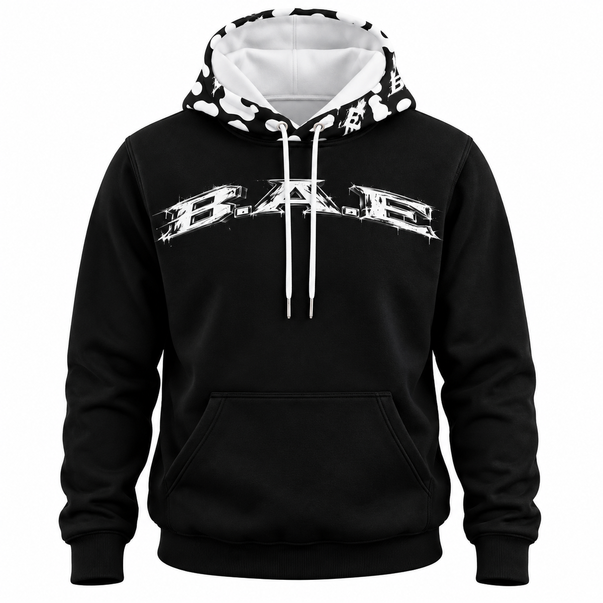 Black B.A.E. hoodie for men and women featuring a white B.A.E. brushstroke chest graphic, black-and-white cow-print hood, white drawstrings, kangaroo pocket and ribbed cuffs, designed for entrepreneur streetwear and urban fashion.