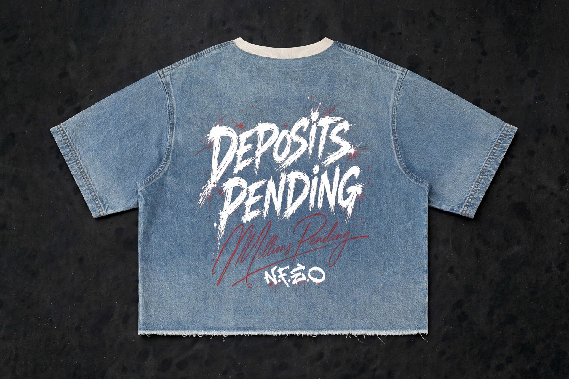 NFEO Millions Pending Vintage Wash Denim Boxy Tee Back View - DEPOSITS PENDING White Distressed Graphic - Red Signature Script - NFEO Logo - Light Blue Vintage Denim Wash - Beige Rib Collar - Heavyweight Raw Hem Boxy T-Shirt - Luxury Streetwear
