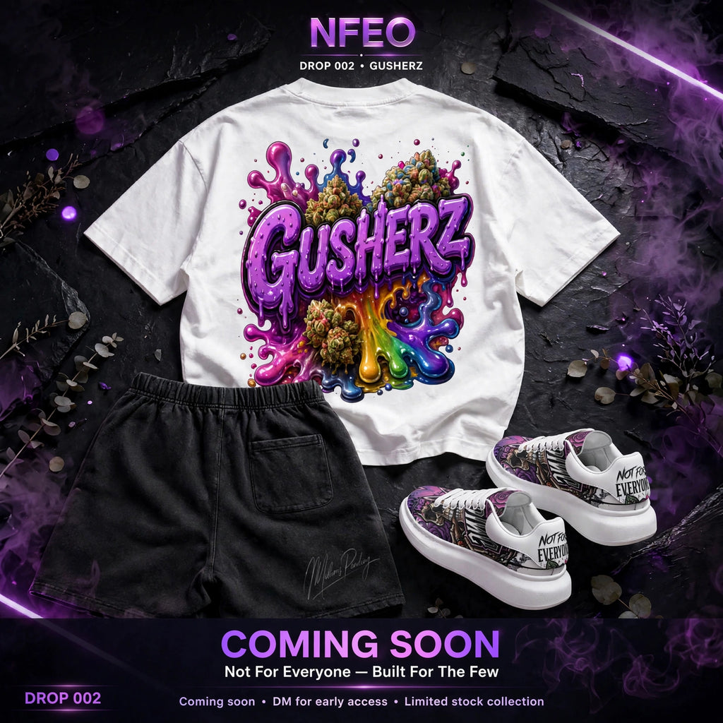 Collection set of:
A white graphic T-shirt with a large colorful 'GUSHERZ' design made of cannabis leaves, styled with black shorts and white sneakers on a dark purple smoky background. Text overlays read 'NFEO ZAZA Reserve DROP 002 - GUSHERZ' and 'COMING SOON'.