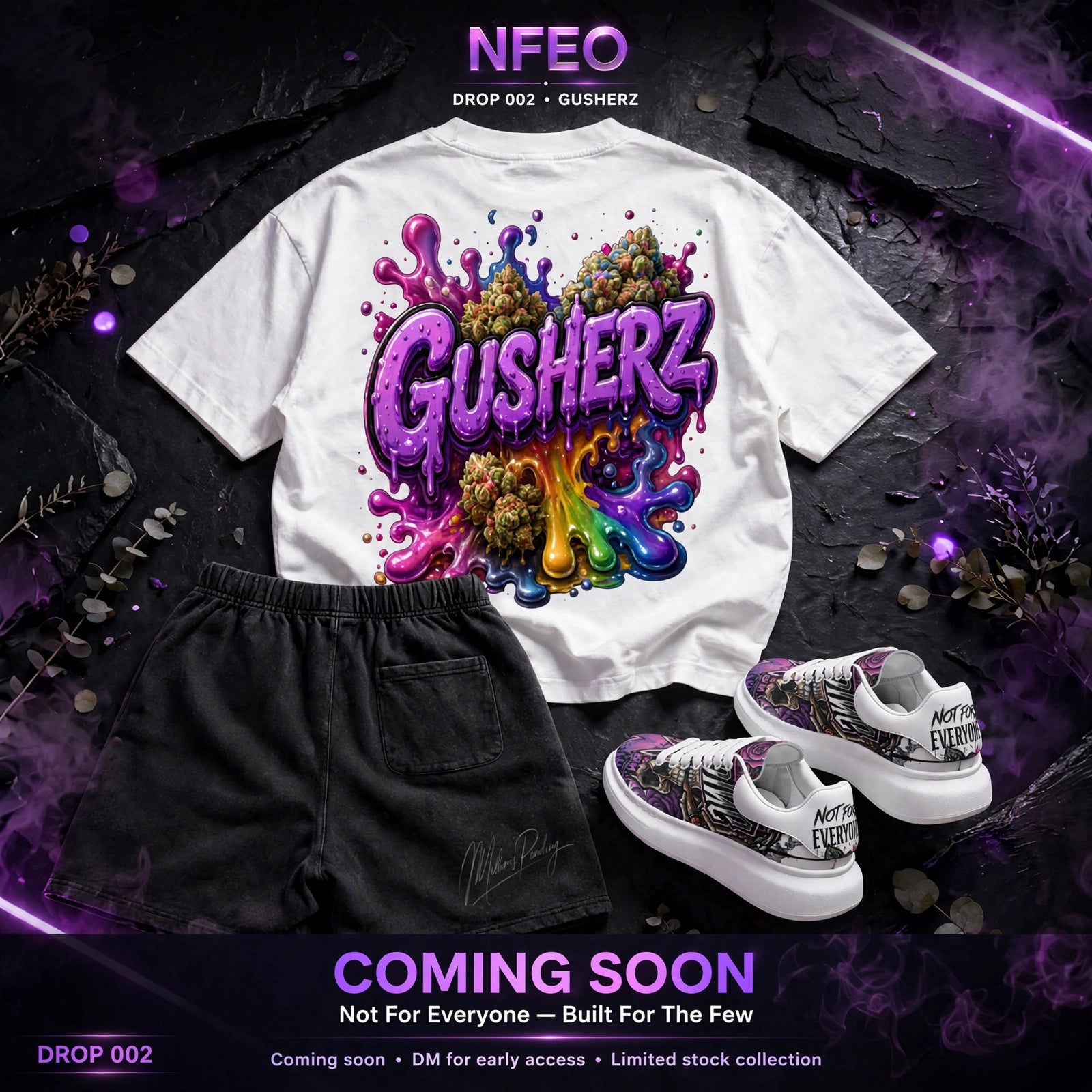 Collection set of:
A white graphic T-shirt with a large colorful 'GUSHERZ' design made of cannabis leaves, styled with black shorts and white sneakers on a dark purple smoky background. Text overlays read 'NFEO ZAZA Reserve DROP 002 - GUSHERZ' and 'COMING SOON'.