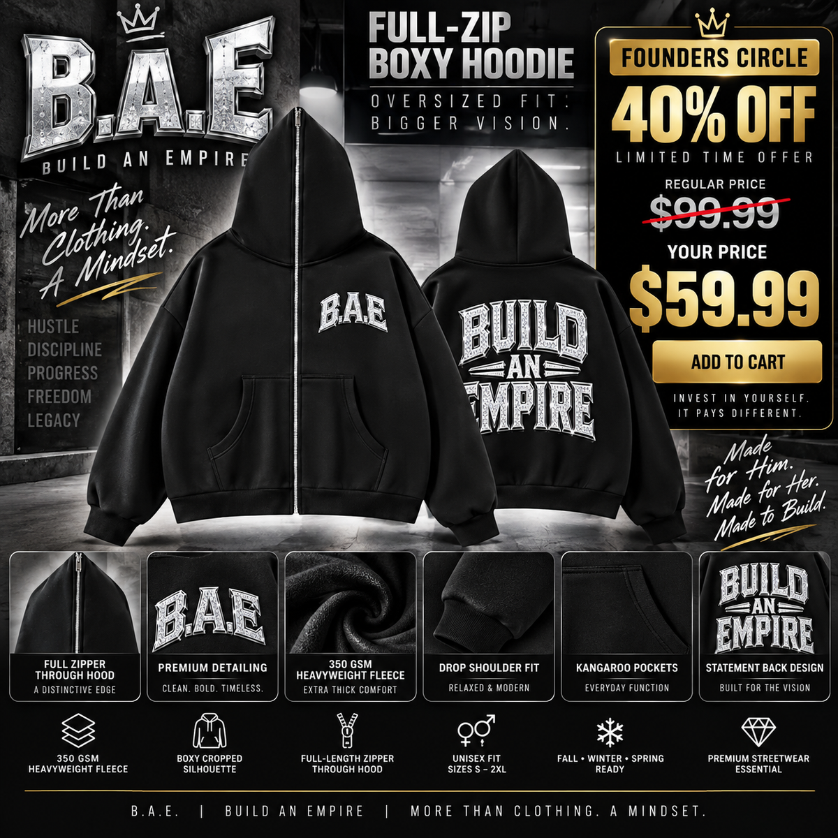 Premium Unisex Fleeced Full-Zip Boxy Crop Fit Hoodie B.A.E Build An Empire Streetwear Entrepreneur Fashion