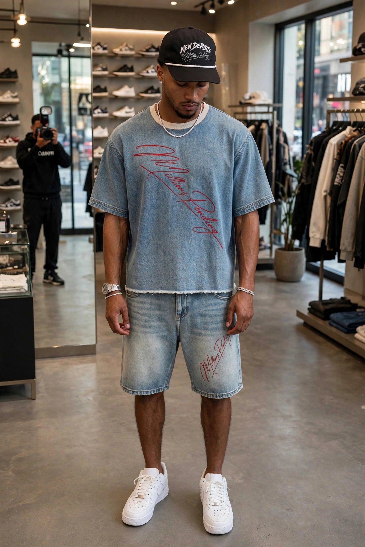 Biracial Male Model Wearing NFEO Millions Pending Vintage Wash Denim Set Front View - Red Diagonal Millions Pending Tee - Matching Denim Shorts with Red Script - Black NEW DEPOSITS Rope Hat - Triple White Nike Air Force 1 Low - White Gold AP Royal Oak Watch Diamond Cuban Chain - Luxury Flagship Boutique Fashion Editorial