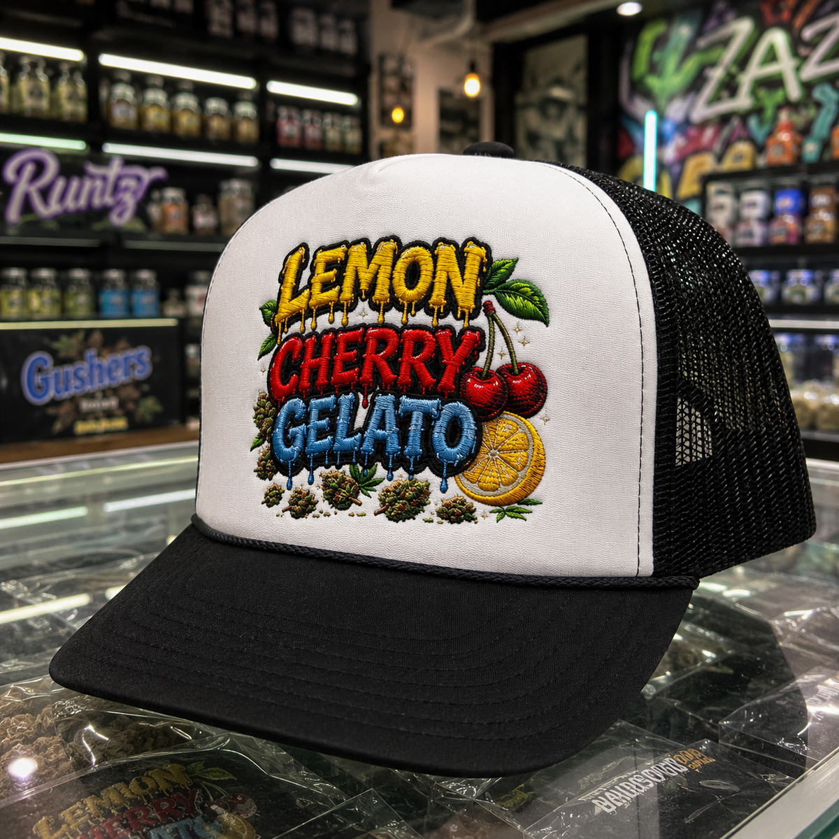 Embroidered Foam Trucker Cap Lemon Cherry Gelato | Cannabis Strain Streetwear Hat | NFEO Zaza Reserve