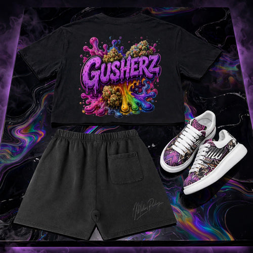 NFEO GUSHERZ Black Collection Back Flat Lay - DROP 002 Oversized Boxy Tee Large Purple GUSHERZ Rainbow Splash Cannabis Nug Graphic + Black Heavyweight Vintage Wash Shorts Back Pocket Millions Pending Signature - Luxury Cannabis Streetwear Set + Custom Skull Rose Sneakers - Not For Everyone Built For The Few Limited Edition