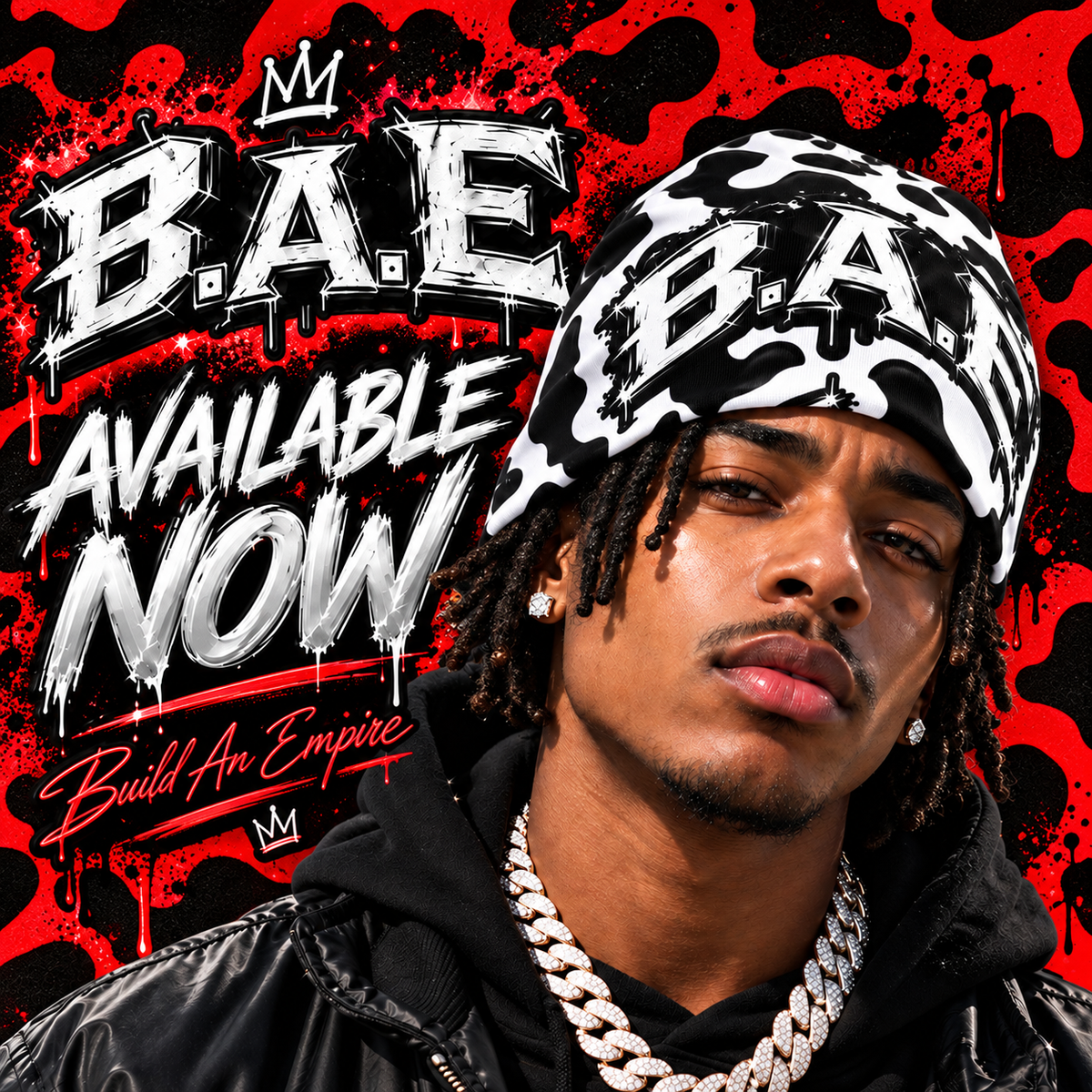 Black and white cow print B.A.E. beanie worn by a male model, featuring a bold Build An Empire streetwear design.