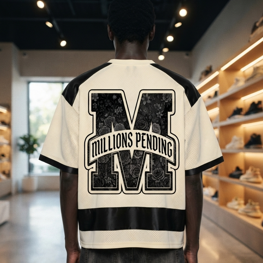 Black male model wearing the NFEO Millions Pending oversized boxy mesh raglan tee in a premium luxury streetwear lifestyle setting, showcasing the [BACK/VIEW], heavyweight 255 GSM breathable mesh fabric, drop shoulder fit, oversized silhouette, premium craftsmanship, and exclusive entrepreneur-inspired design. Styled with matching NFEO Millions Pending platform sneakers for a complete coordinated streetwear collection. Not For Everyone. Built For The Few.