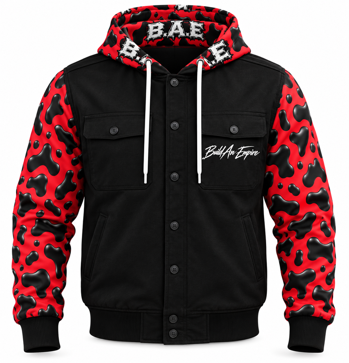B.A.E. Build An Empire red and black cow print hooded jacket front view, featuring glossy cow-print sleeves and hood, black body, button-front closure, dual chest flap pockets, lower hand pockets, white drawstrings, ribbed cuffs and hem, and Build An Empire chest script.