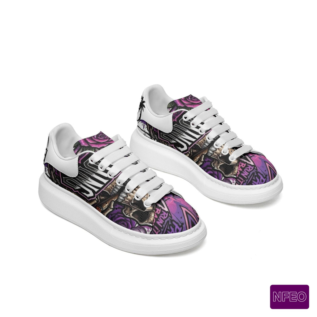 Sided by side birds eye view of stylish Graffiti millions Pending NFEO Platform McQueen model Chunky sole sneakers with purple, black, white, sliver, floral Skull designs with millions Pending text, Millions Pending signature sneakers for Comfortable streetwear.