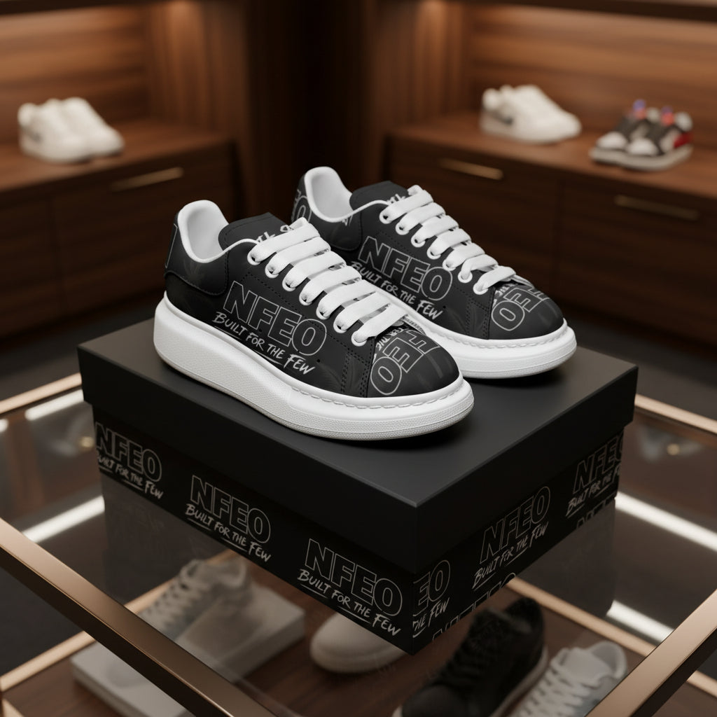 Pair/Lifestyle Shot: NFEO X-Ray Colorway unisex faux leather platform sneakers pair — all-black tonal ghost-print design with NFEO Built for the Few branding across upper panels, white chunky EVA sole. Stealth luxury. Made to order. Limited drop.