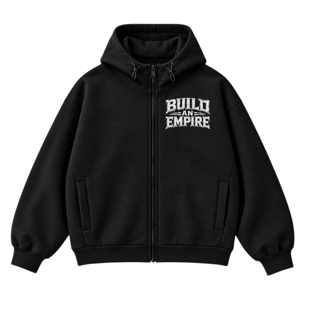 Black B.A.E. Full-Zip Hoodie — Front
B.A.E. Build An Empire black full-zip hoodie with adjustable hood, front zip closure, kangaroo pockets, ribbed cuffs and hem, and bold chest graphic for premium entrepreneur streetwear.