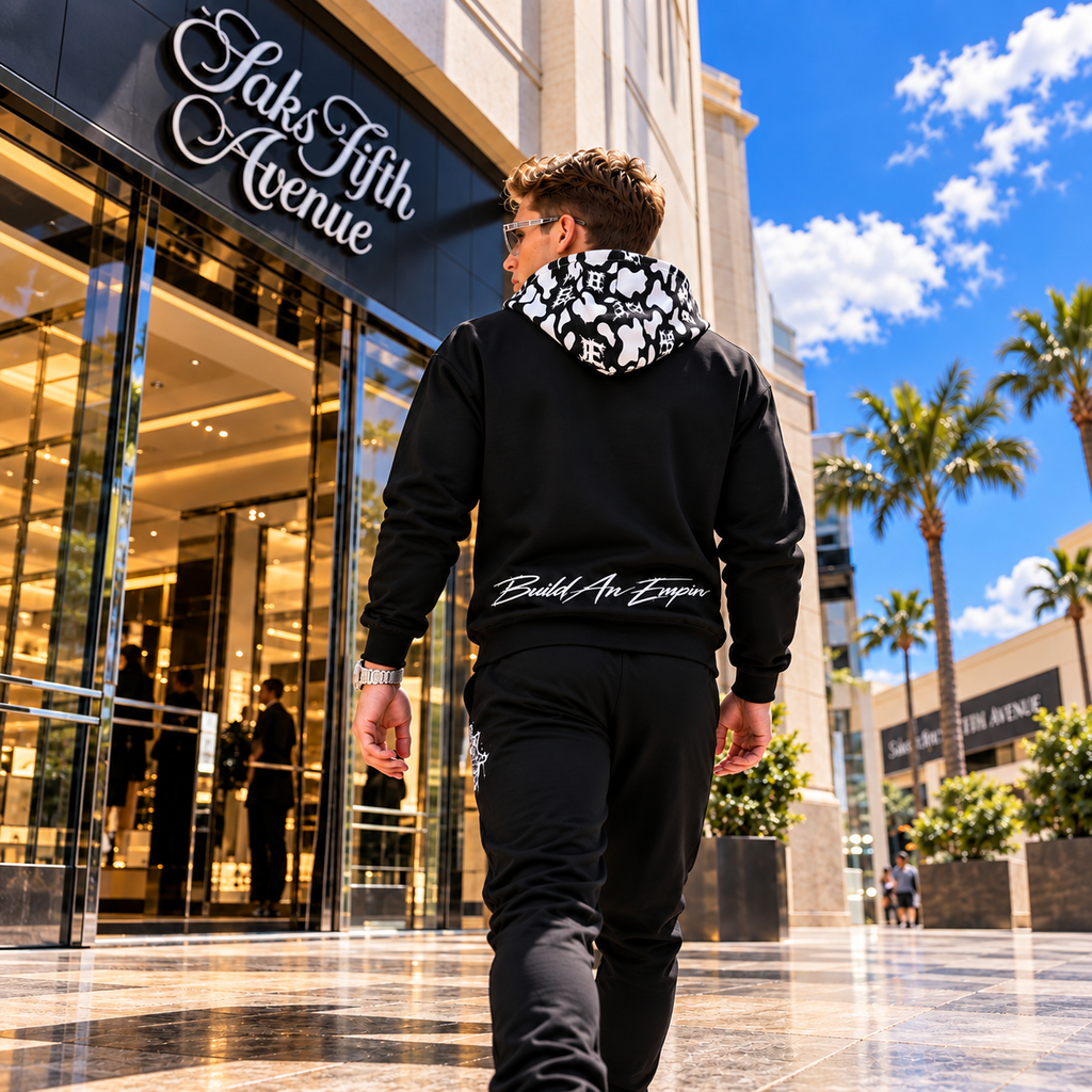 Back-facing lifestyle: Male model wearing the black B.A.E. hoodie and jogger set while walking into Saks Fifth Avenue, showing the black-and-white cow-print hood and white “Build An Empire” signature script across the lower back.