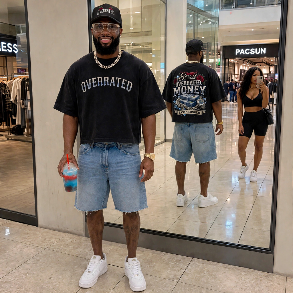 Black oversized boxy crop drop-shoulder t-shirt with “OVERRATED” front graphic, light blue denim knee-length shorts, white sneakers, Cuban link chain, luxury watch, and black “OVERRATED” foam trucker hat. Male urban streetwear outfit photographed inside a bright shopping mall for a trendy streetwear clothing product gallery.