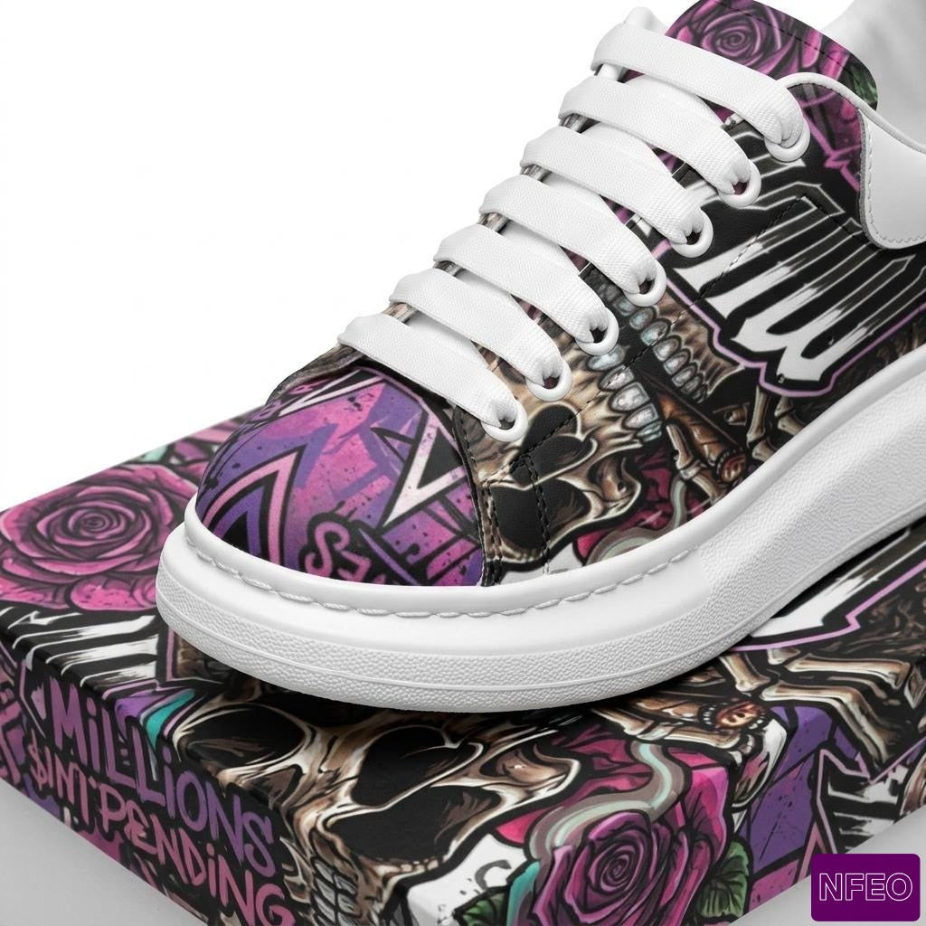 stylish Graffiti millions Pending NFEO Platform McQueen model Chunky sole sneakers with purple, black, white, sliver, floral Skull designs with millions Pending text, sitting on top of matching shoe box lid. Millions Pending signature sneakers for streetwear enthusiast