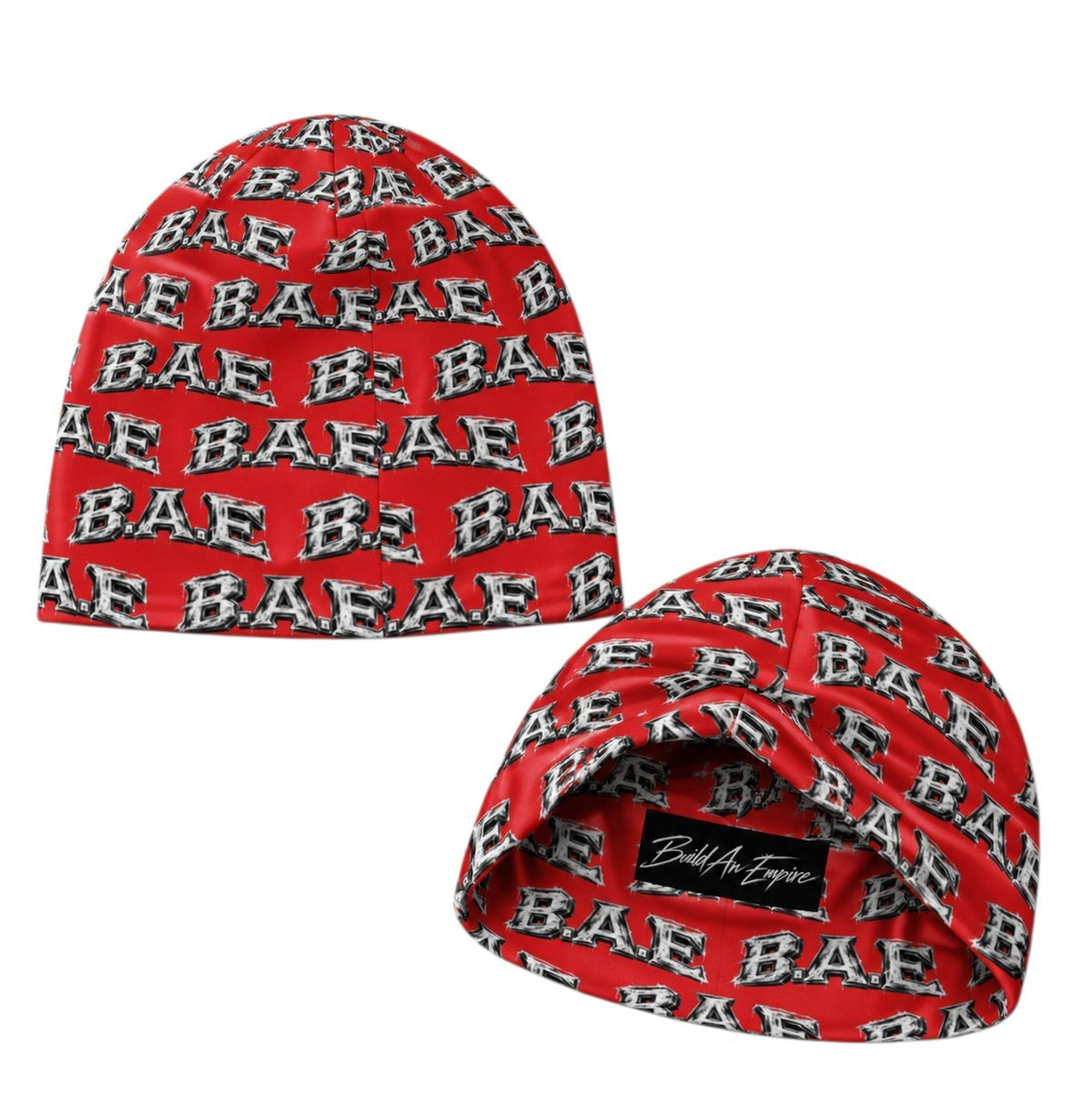 B.A.E. Build An Empire red beanie made from polyester and spandex fabric, featuring an all-over distressed B.A.E. graphic print, double-layer construction and a black Build An Empire label, shown on a clean white background.