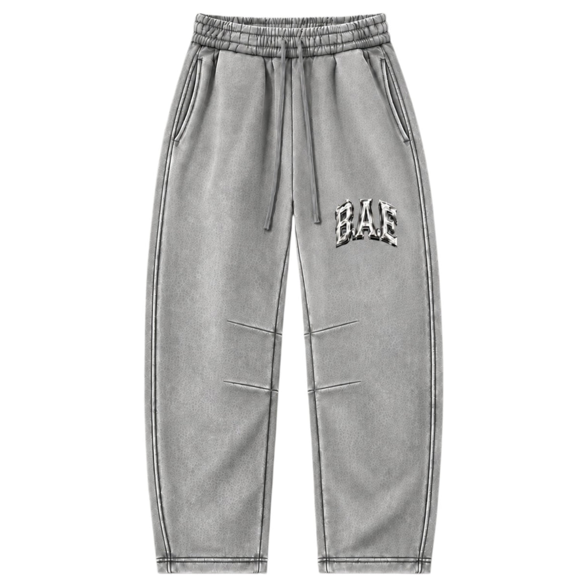 Gray front view: of B.A.E. vintage wash streetwear sweatpants unisex barrel-leg fleece joggers in multiple colorways, including red, black, gray, navy blue, green, peach, pink, baby pink, light blue, and yellow, with signature B.A.E. logo detail.