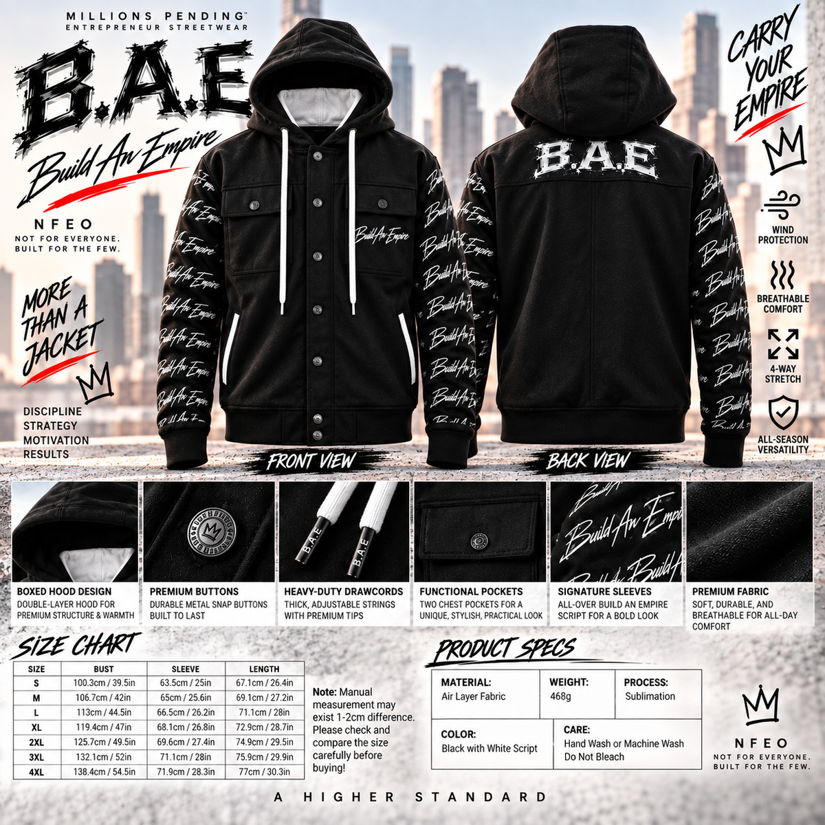 By NFEO: B.A.E. Build An Empire black hooded jacket spec sheet showing realistic front and back views, boxy hood, white drawstrings, metal snap buttons, chest pockets, side pockets, signature Build An Empire script sleeves, detailed fabric and stitching closeups, size chart, and product specifications.