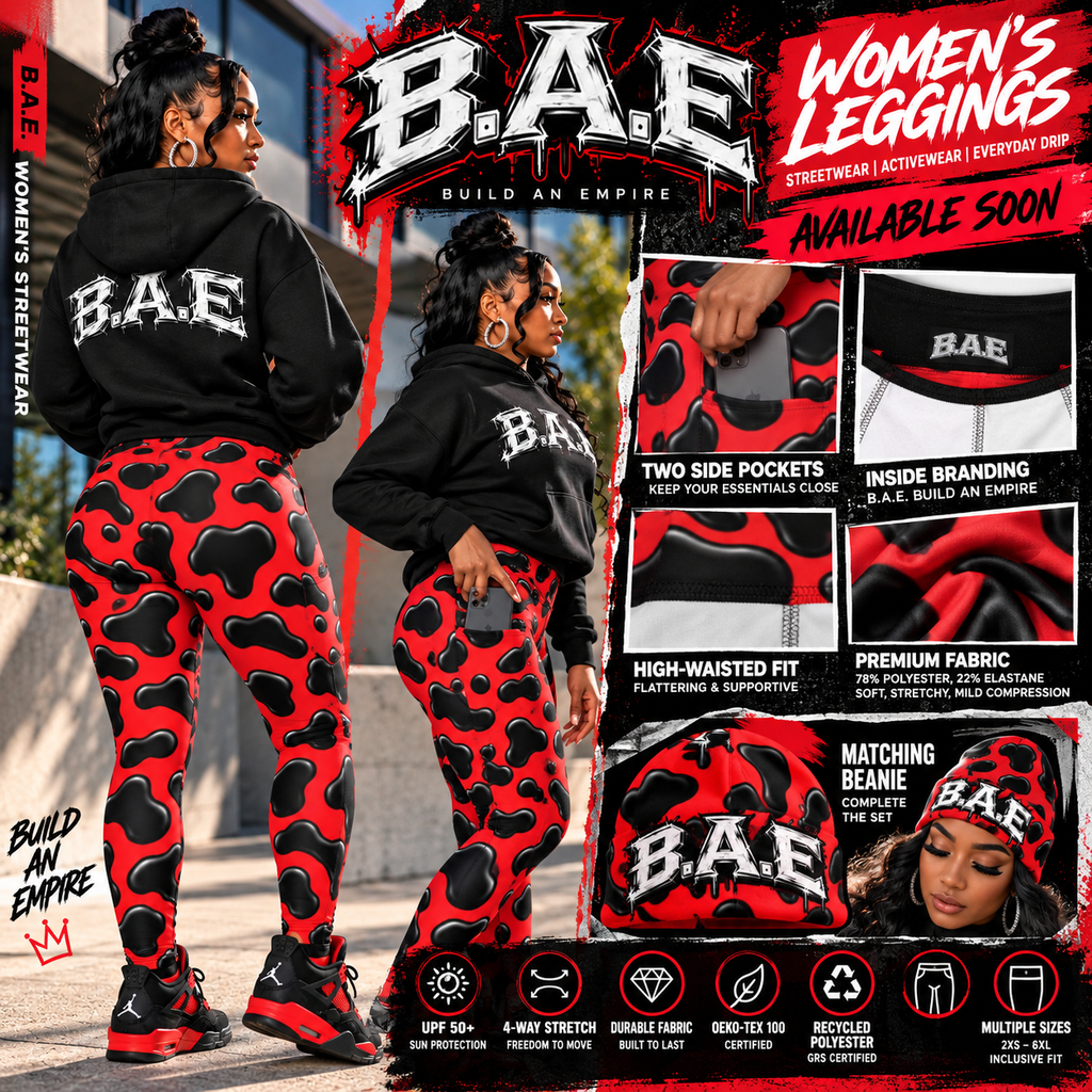 A Promotional finished product Thumbnail:
Female model wearing red and black cow print women's leggings with a black B.A.E. hoodie and black-and-red sneakers in an urban setting, shown from multiple angles with close-ups highlighting the two side pockets, high-waisted fit, inside B.A.E. branding, stretchy fabric and matching beanie.