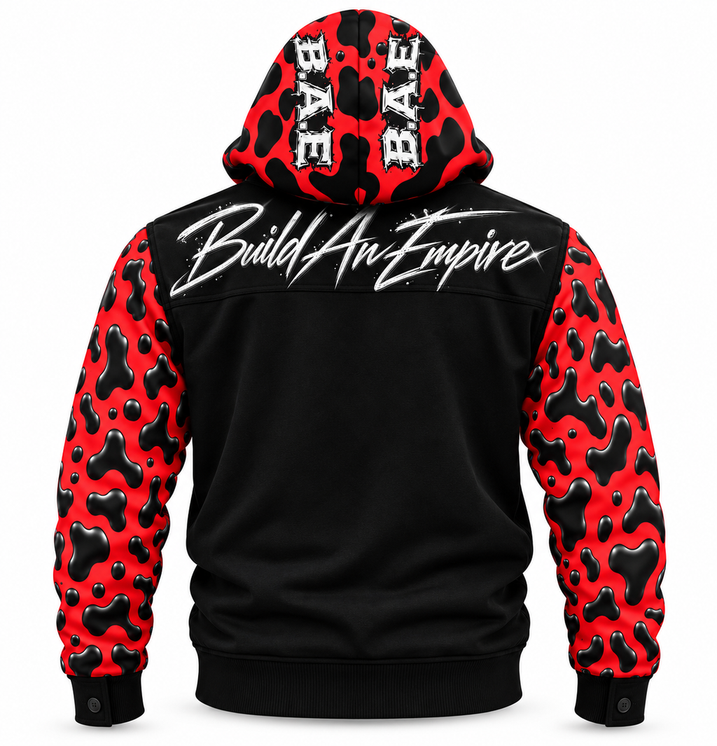 Product photo showing Hooded Long Sleeved Varsity Style Jacket Lightweight Premium unisex 230gsm Red Black B.A.E Streetwear