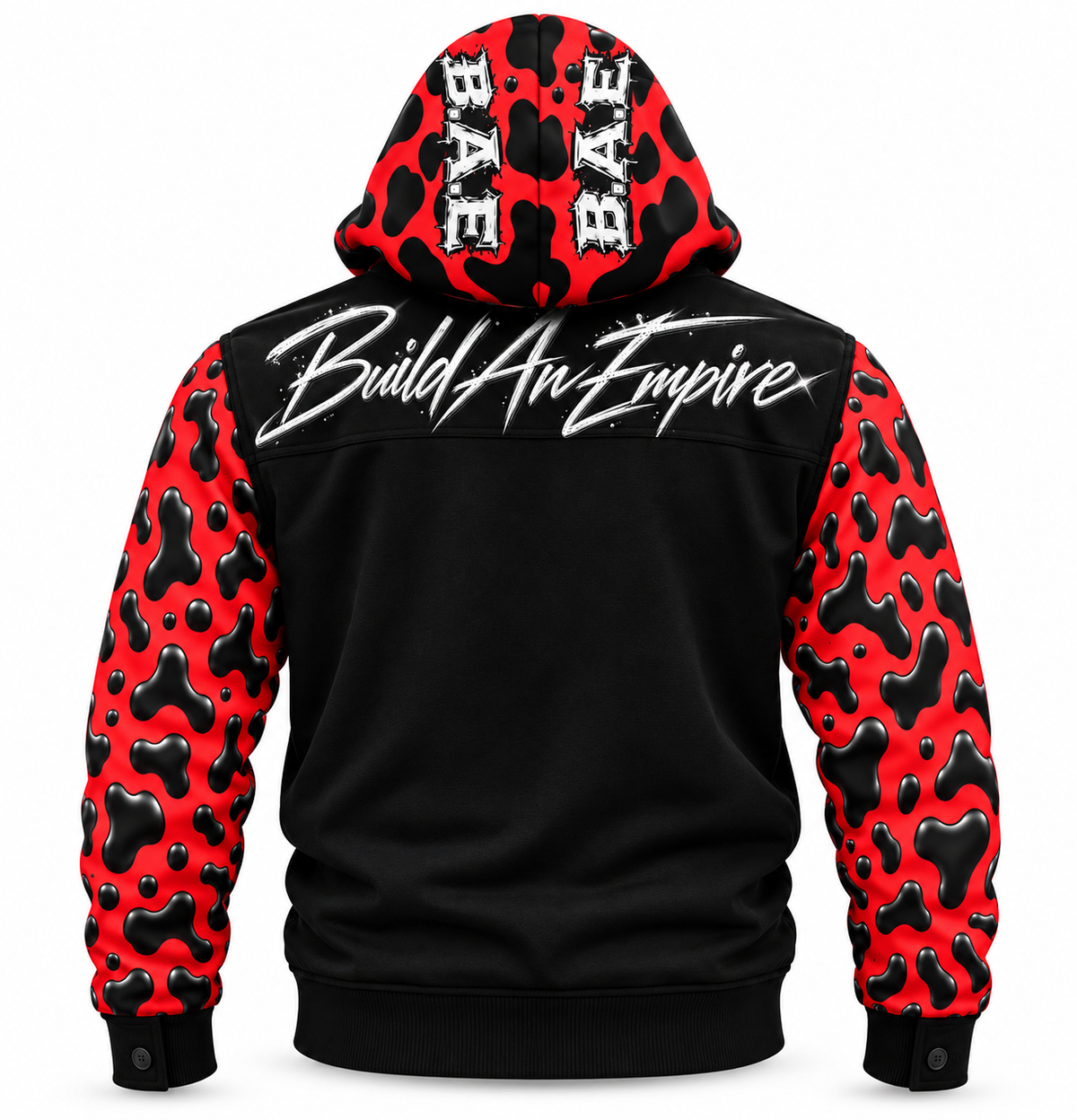Product photo showing Hooded Long Sleeved Varsity Style Jacket Lightweight Premium unisex 230gsm Red Black B.A.E Streetwear
