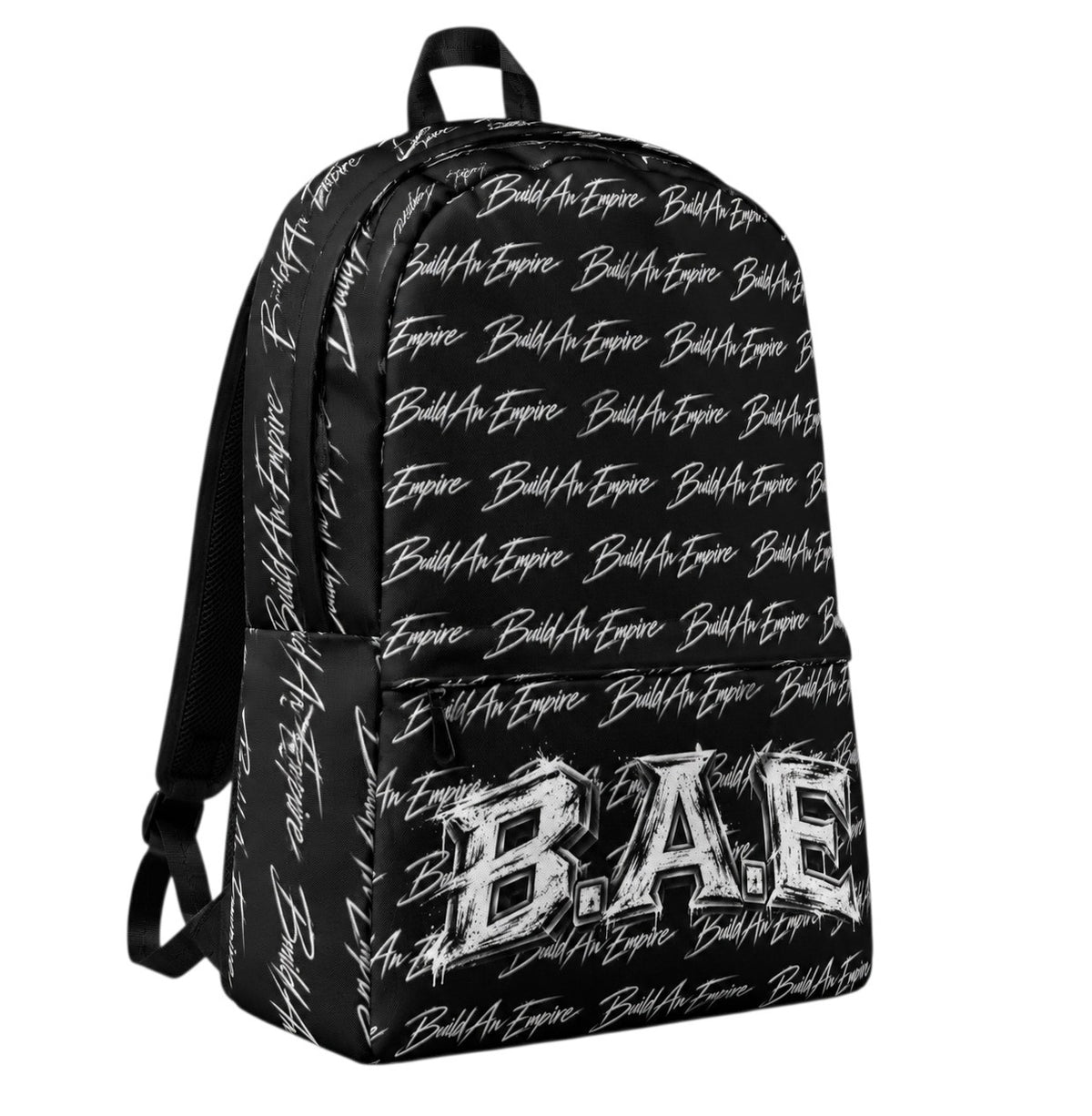 B.A.E. Build An Empire black streetwear backpack with all-over white script print, large distressed B.A.E. front graphic, zippered front pocket, padded shoulder straps and top carry handle on a clean white background.
