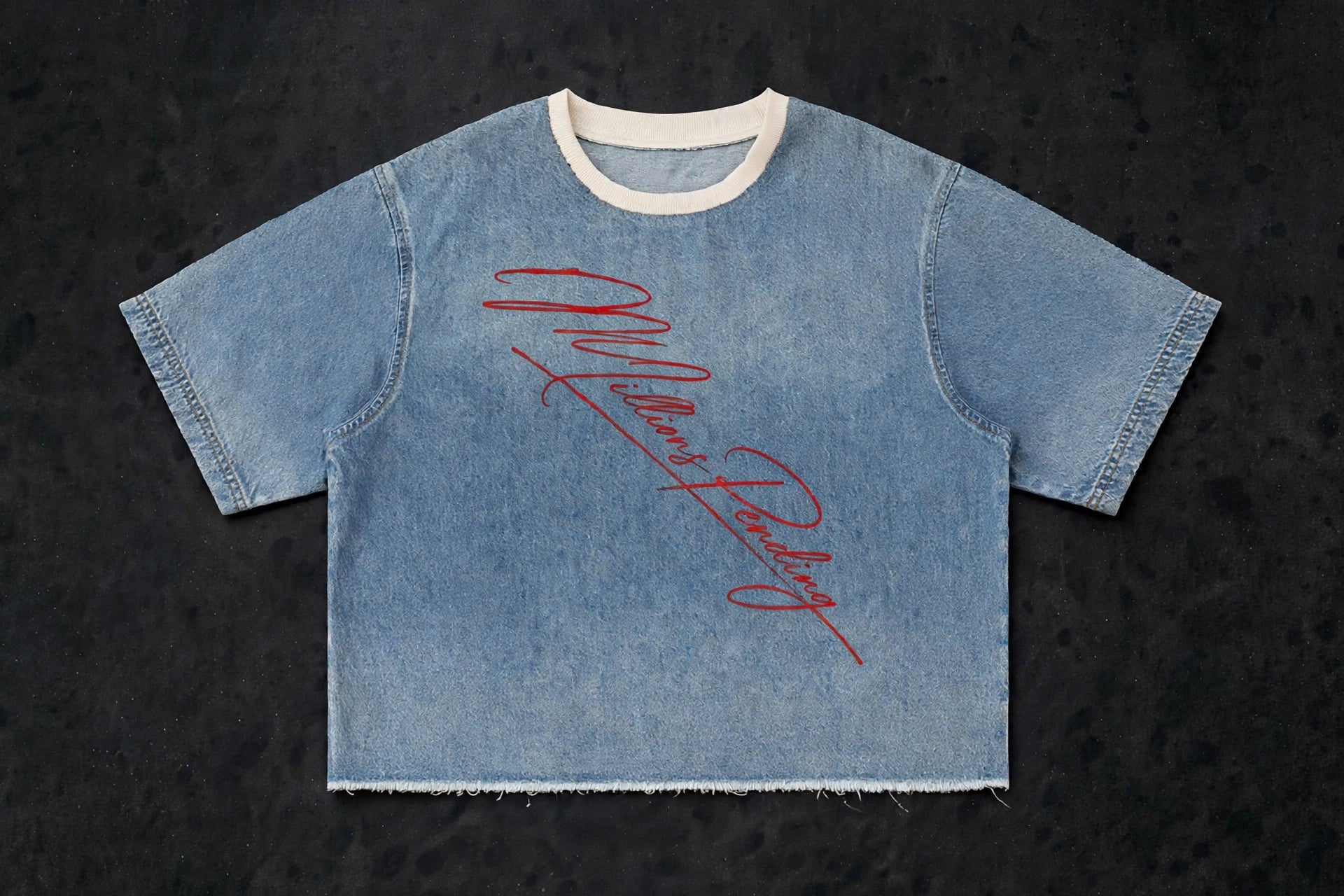 NFEO Millions Pending Vintage Wash Denim Boxy Tee Front - Light Blue Acid Wash - Red Diagonal Millions Pending Signature - Beige Ribbed Collar - 310 GSM Heavyweight Premium Cotton - Raw Frayed Hem - Oversized Boxy Fit Luxury Streetwear T-Shirt