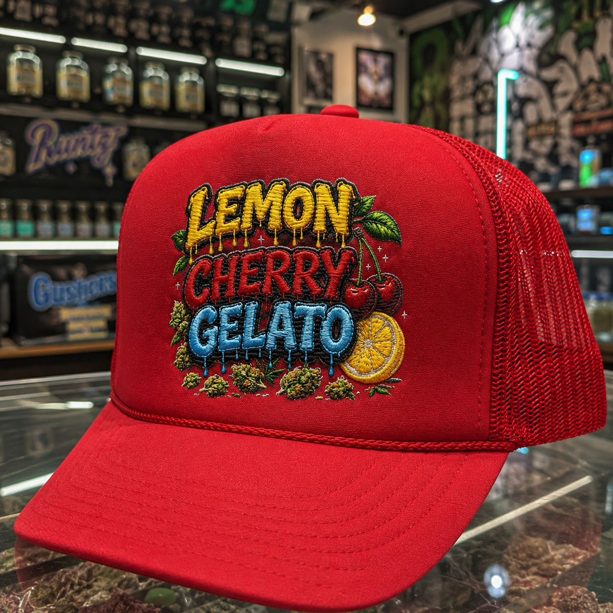 Embroidered Foam Trucker Cap Lemon Cherry Gelato | Cannabis Strain Streetwear Hat | NFEO Zaza Reserve