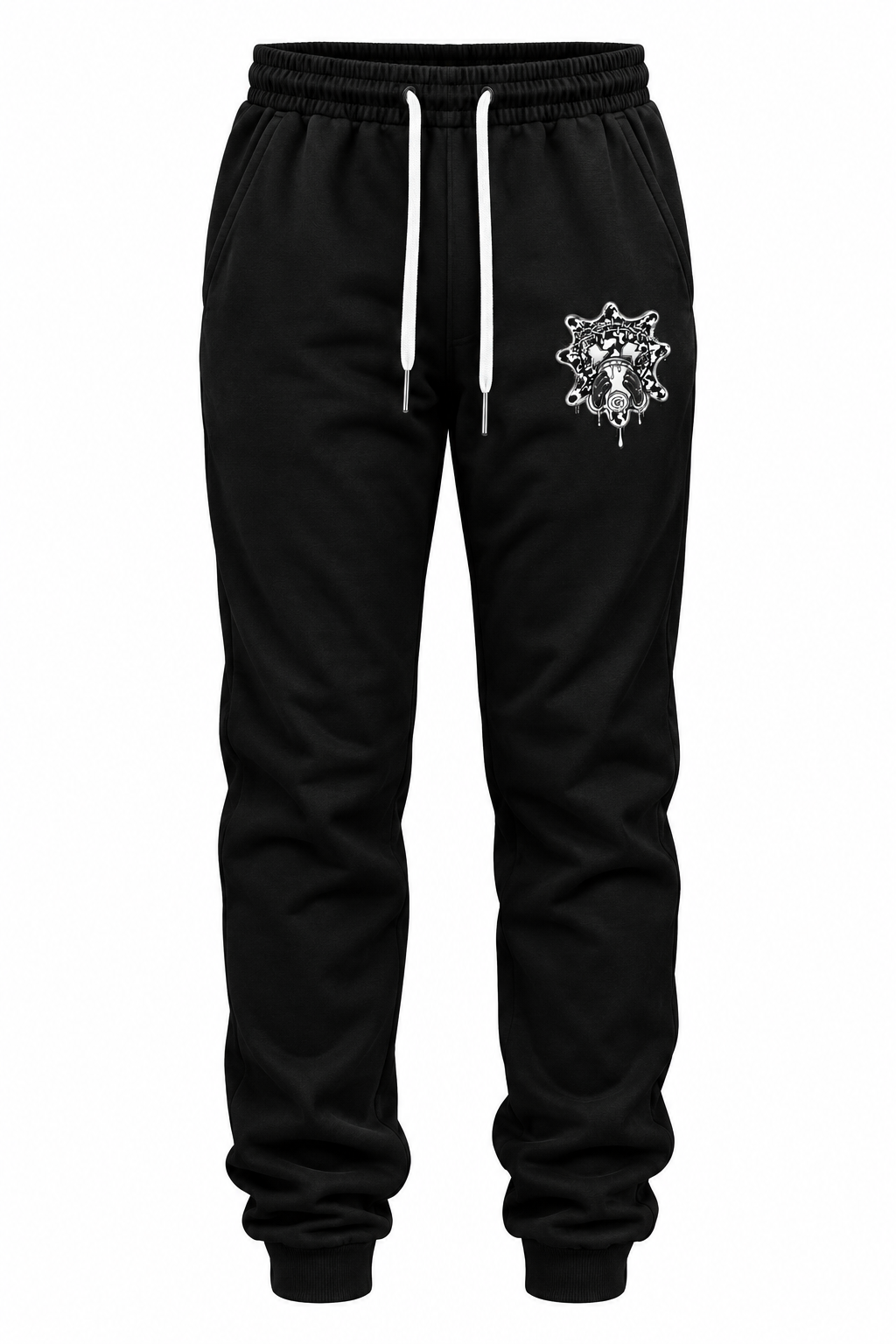 Black B.A.E. jogger pants featuring a white drawstring, elastic waistband, side pockets, tapered ankle cuffs and signature white B.A.E. graphic on the upper thigh, designed as entrepreneur streetwear and urban joggers.