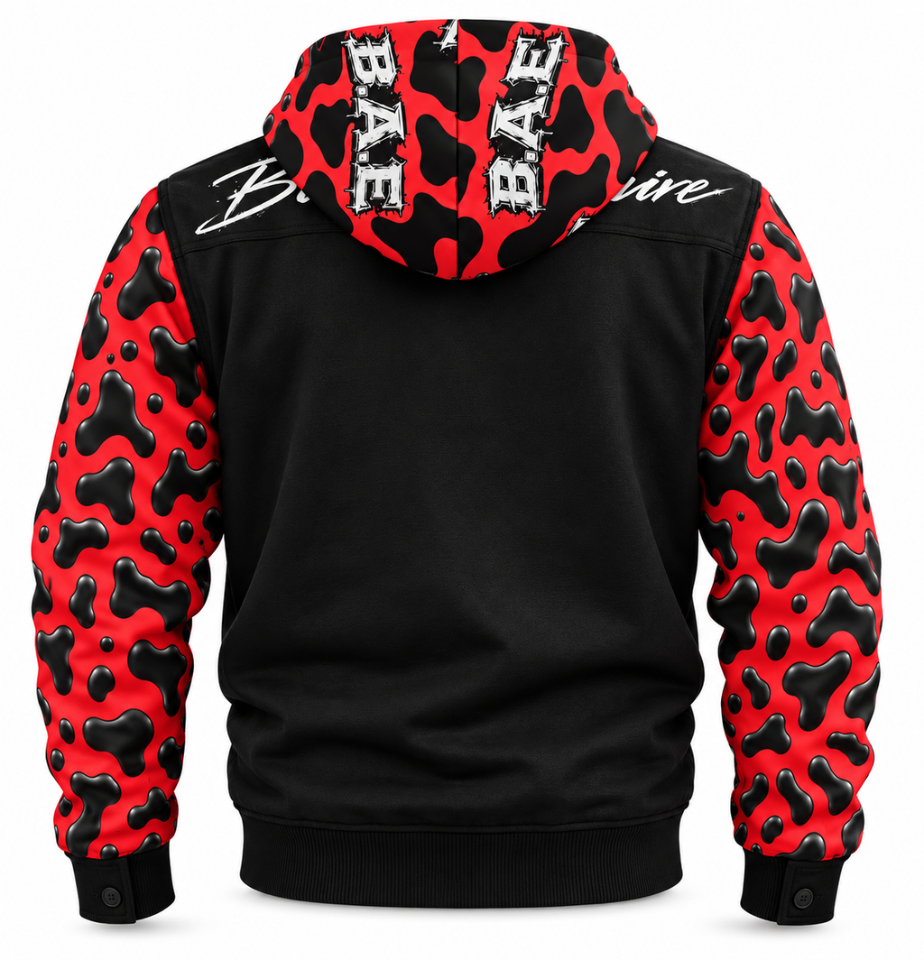 Product photo showing Hooded Long Sleeved Varsity Style Jacket Lightweight Premium unisex 230gsm Red Black B.A.E Streetwear