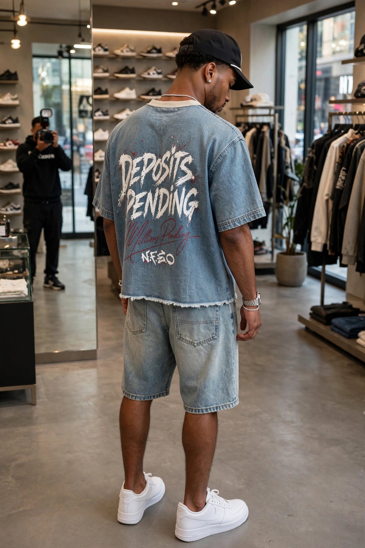Male Model Wearing Millions Pending NFEO Full Collection Back View - Vintage Wash Denim Boxy Tee DEPOSITS PENDING Graphic - Matching Denim Shorts - Black 258 Rope Hat - Clean White Air Force 1 Low Sneakers - White Gold Audemars Piguet Royal Oak Watch and Diamond Jewelry - Luxury Designer Streetwear Boutique Editorial Campaign