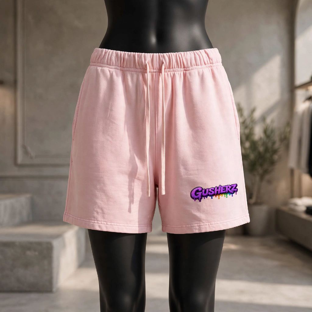 NFEO GUSHERZ Pink Vintage Wash Shorts Womens Streetwear - DROP 002 Limited Edition Heavyweight Cotton Shorts - Pastel Pink Designer Cannabis Streetwear with Purple GUSHERZ Rainbow Drip Embroidery Logo, Female Oversized Fit, Luxury Boutique Shorts, Not For Everyone Built For The Few ZAZA 420 Fashion