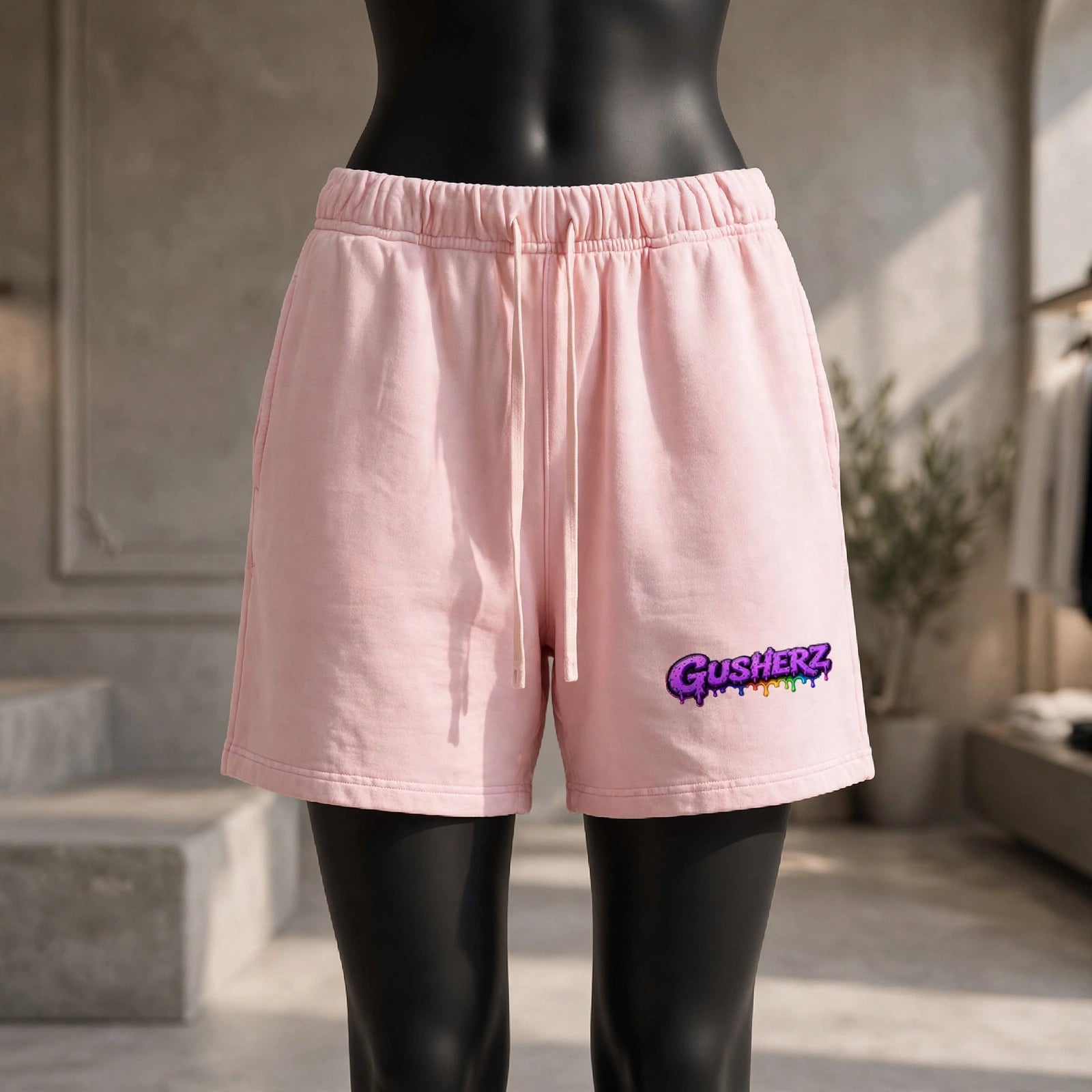 NFEO GUSHERZ Pink Vintage Wash Shorts Womens Streetwear - DROP 002 Limited Edition Heavyweight Cotton Shorts - Pastel Pink Designer Cannabis Streetwear with Purple GUSHERZ Rainbow Drip Embroidery Logo, Female Oversized Fit, Luxury Boutique Shorts, Not For Everyone Built For The Few ZAZA 420 Fashion