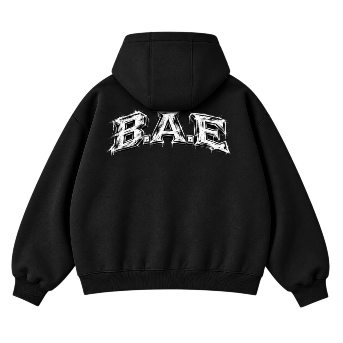 Black B.A.E. Full-Zip Hoodie — Back
Black B.A.E. Build An Empire full-zip streetwear hoodie back view featuring the large distressed B.A.E. graphic, hooded design, ribbed hem and cuffs, and relaxed everyday fit.