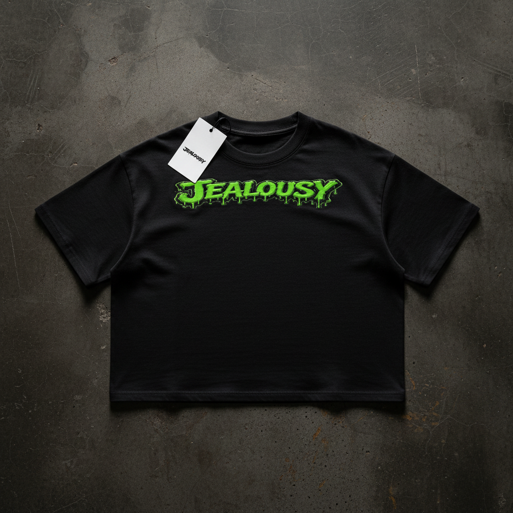 Jealousy cannabis strain boxy crop tee flat lay, black heavyweight 250gsm unisex drop shoulder crop t-shirt with green slime drippy front chest logo, designer streetwear trending fashion, skateboarder apparel smoke shop dispensary apparel, premium cotton blank mockup NFEO ZAZA RESERVE wear your favorite strains