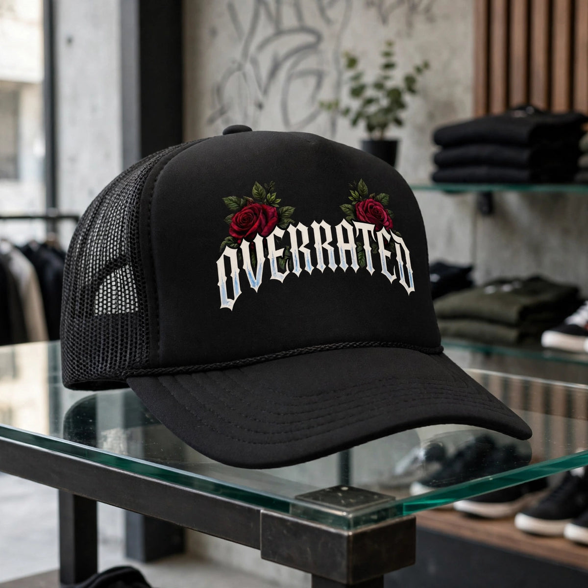 Glass Table boutique Store view of:NFEO OVERRATED black streetwear set featuring oversized boxy crop drop shoulder tee and premium foam trucker mesh snapback hat, bold entrepreneur fashion for men who put finances before pleasure