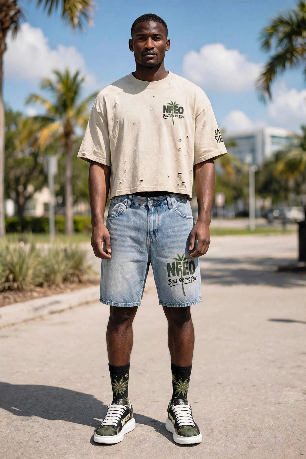 Outdoors:
Luxury NFEO designer collection featuring a boxy, distressed premium tee and tailored vintage-denim shorts. High-end menswear streetwear set with signature International Palms Vibes graphic motifs and precision-stitched detailing. Modeled outfit showcases elevated urban style, durability, and bold branding. Designed for the few who lead; the ultimate foundation piece for the ambitious entrepreneur’s curated wardrobe. Built For The Few.