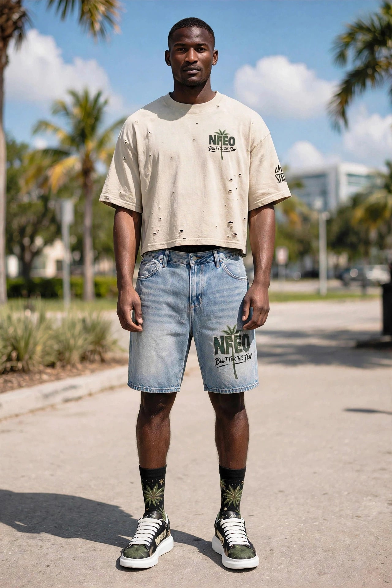 Outdoors:
Luxury NFEO designer collection featuring a boxy, distressed premium tee and tailored vintage-denim shorts. High-end menswear streetwear set with signature International Palms Vibes graphic motifs and precision-stitched detailing. Modeled outfit showcases elevated urban style, durability, and bold branding. Designed for the few who lead; the ultimate foundation piece for the ambitious entrepreneur’s curated wardrobe. Built For The Few.