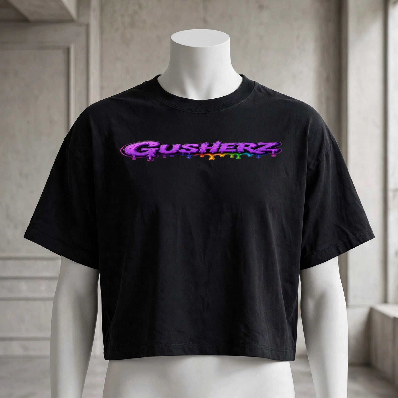NFEO GUSHERZ DROP 002 Black Boxy Crop Tee On White Mannequin Front View - Heavyweight Oversized Boxy Fit Drop Shoulders Purple Rainbow Drip GUSHERZ Logo - Luxury 420 Cannabis Streetwear Crop Tee Mockup Texture Detail - Not For Everyone Built For The Few Limited Edition Designer Streetwear Set