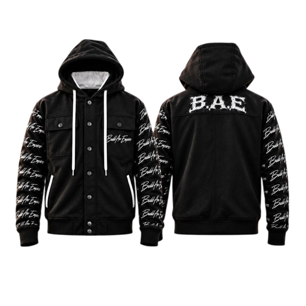 Side by side view: B.A.E. Hooded Jacket — Front & Back Views
B.A.E. Build An Empire black hooded streetwear jacket showing front and back views, signature white Build An Empire script sleeves, large B.A.E. upper-back graphic, hood, white drawstrings, snap buttons and functional pockets on a clean white background.