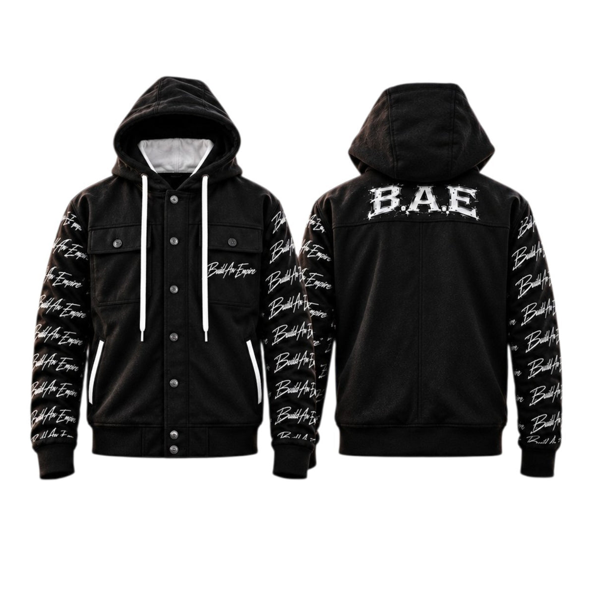 Side by side view: B.A.E. Hooded Jacket — Front & Back Views
B.A.E. Build An Empire black hooded streetwear jacket showing front and back views, signature white Build An Empire script sleeves, large B.A.E. upper-back graphic, hood, white drawstrings, snap buttons and functional pockets on a clean white background.