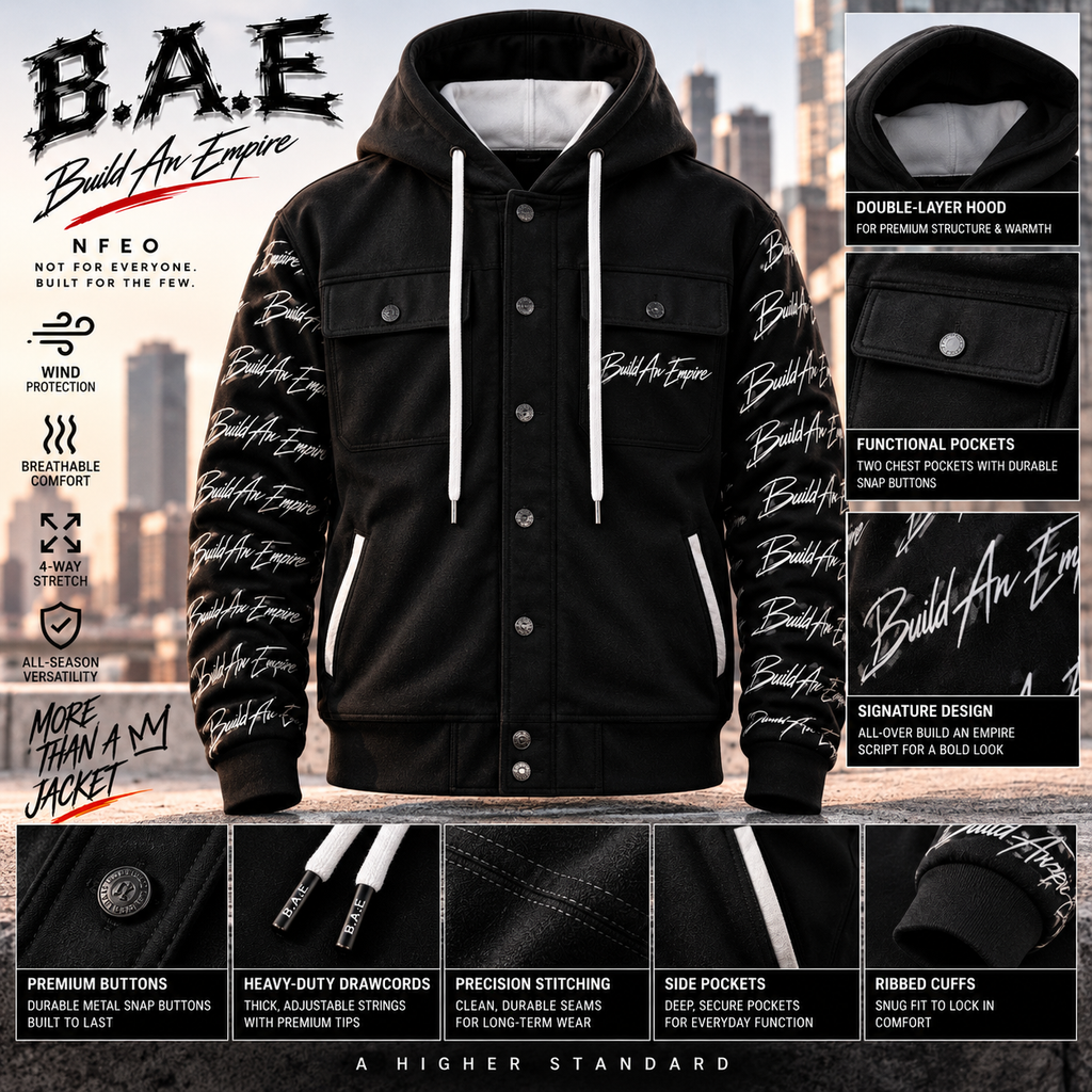 By NFEO: B.A.E. Build An Empire black hooded streetwear jacket product spec sheet featuring front view, detailed hood, snap-button chest pockets, thick drawstrings, signature script sleeves, precision stitching, side pockets, ribbed cuffs, and premium garment texture.