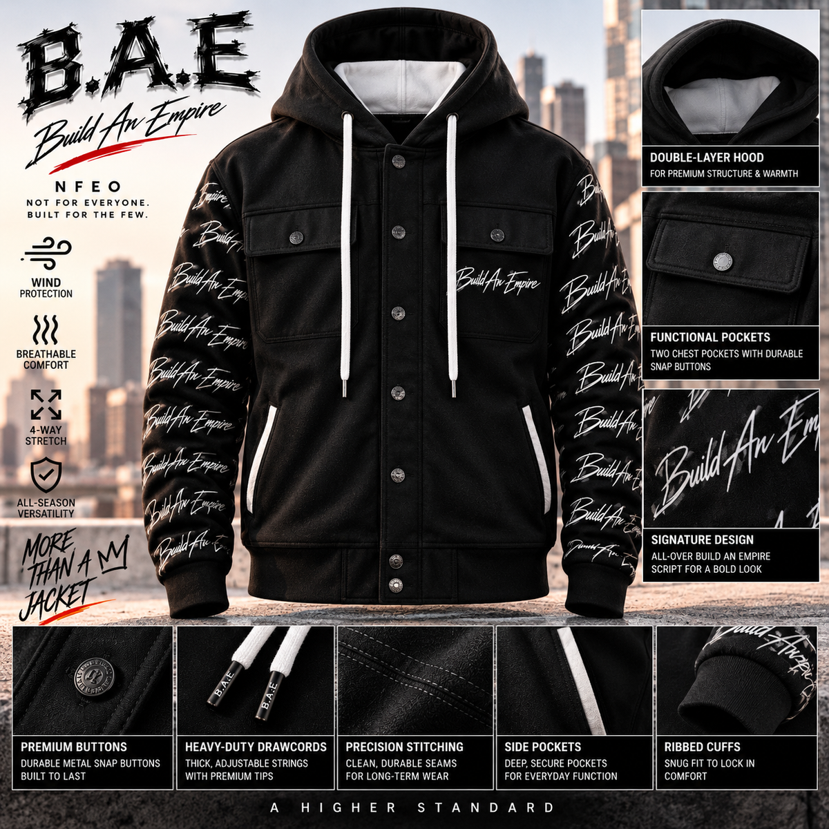 By NFEO: B.A.E. Build An Empire black hooded streetwear jacket product spec sheet featuring front view, detailed hood, snap-button chest pockets, thick drawstrings, signature script sleeves, precision stitching, side pockets, ribbed cuffs, and premium garment texture.