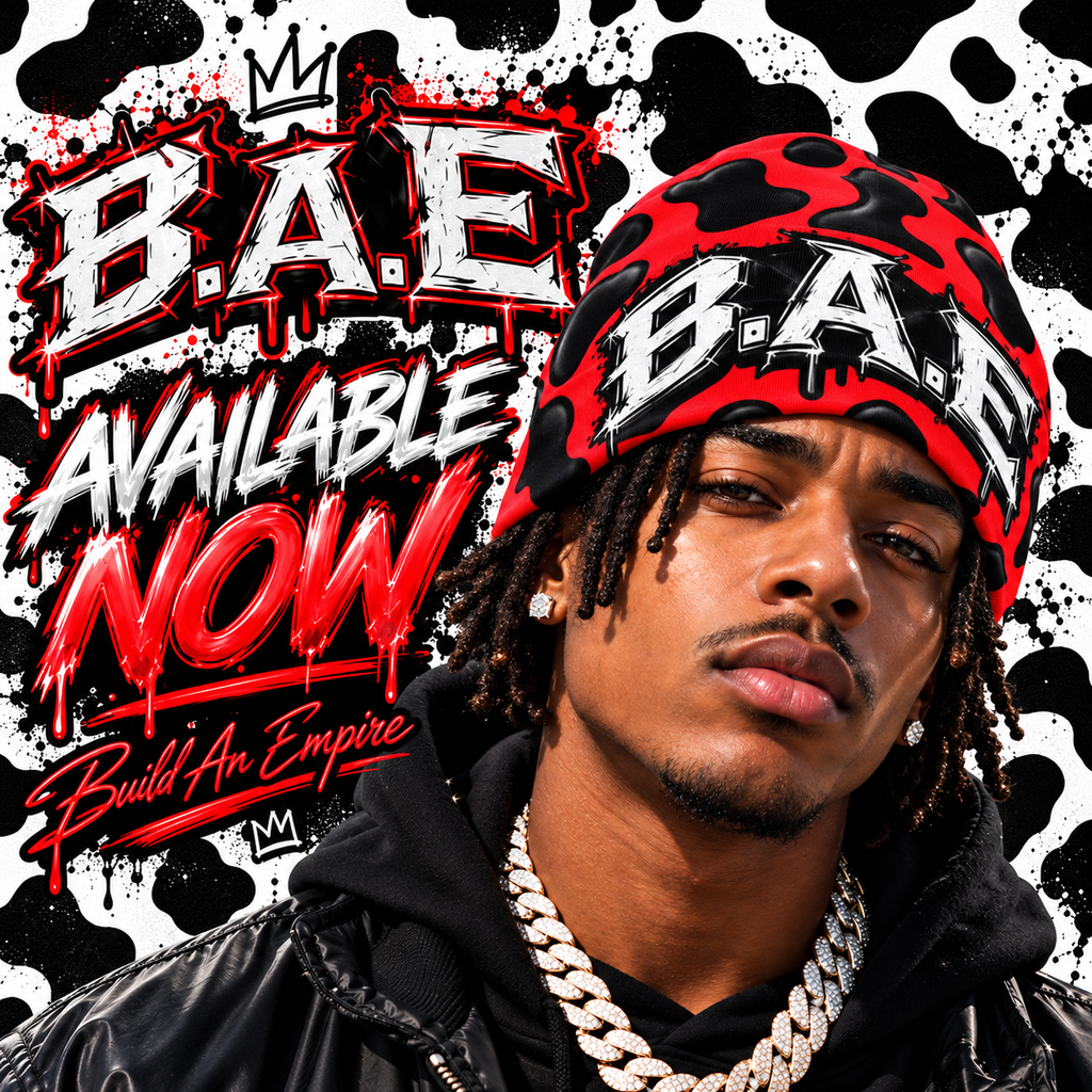 Red and black cow print B.A.E. beanie worn by a male model, featuring distressed Build An Empire streetwear graphics.