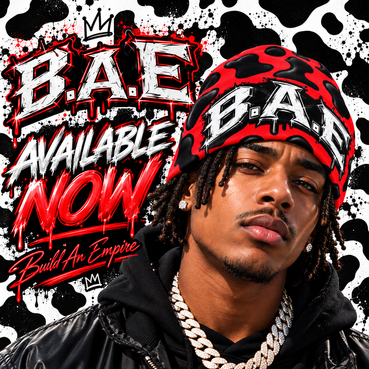 Red and black cow print B.A.E. beanie worn by a male model, featuring distressed Build An Empire streetwear graphics.