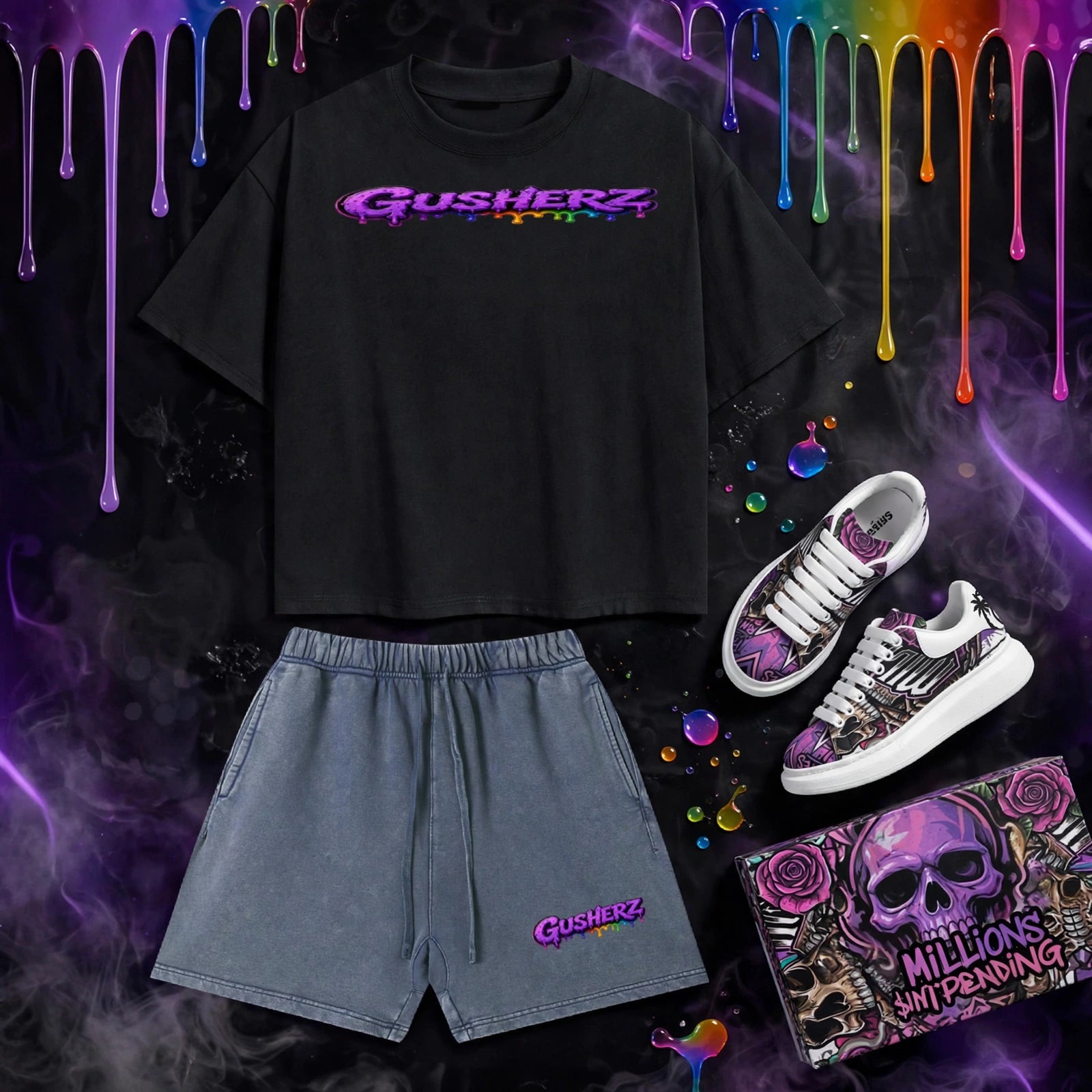 NFEO GUSHERZ Blue Vintage Denim Collection Front Flat Lay - DROP 002 Black Oversized Boxy Tee Purple Rainbow Drip Chest Logo + Heavyweight Acid Wash Blue Denim Shorts GUSHERZ Logo + Custom Skull Rose Sneakers + Millions Pending Box - Luxury Cannabis Streetwear Collectible Set - Not For Everyone Built For The Few Limited Edition